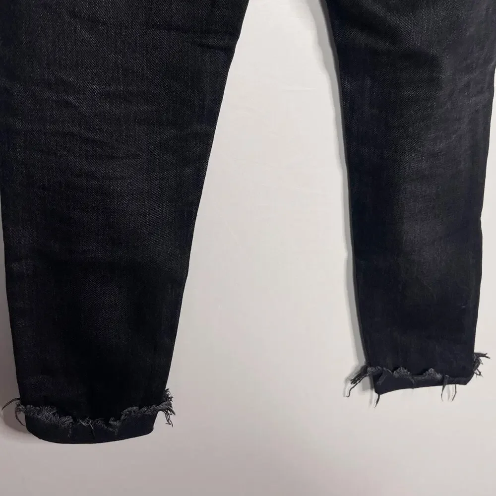 Moussy Vintage 27 Distressed Black Staley Tapered Jeans Button Fly Cotton Fray